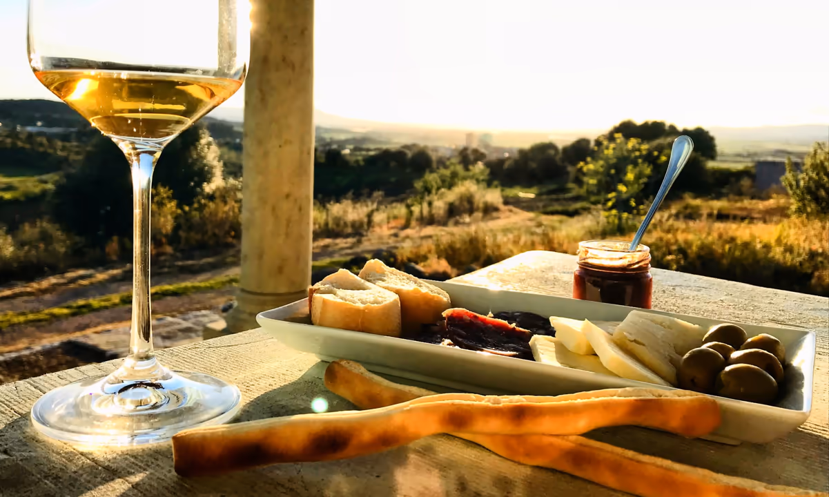 Aperitivo bei Sonnenuntergang auf der Veranda, mit Wein, Käse und Oliven